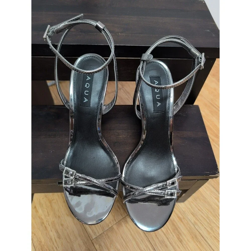 NIB Aqua Sandalia Salto Alto Ankle Strap Silver/Pewter Mirror Sandal Size 8.5B